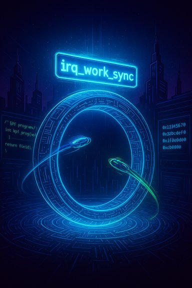 A neon blue circular portal glows in a futuristic cityscape, with a sign reading 'irq_work_sync'.