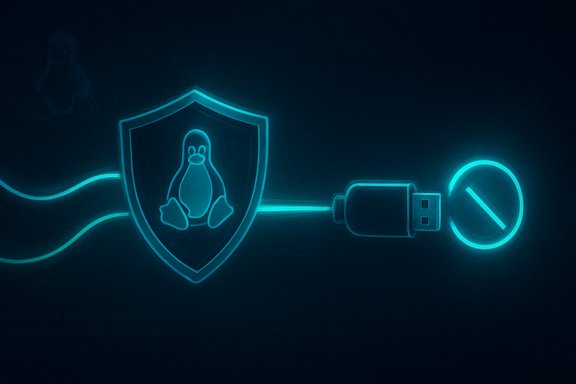 Neon blue shield with a penguin logo connected to a USB drive.