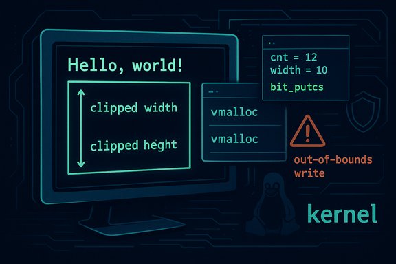 Cyber-tech illustration of kernel memory with an out-of-bounds write warning and code snippets.