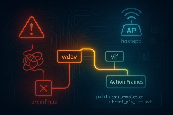 Neon circuit-art depicting a wireless driver workflow with wdev, vif, and action frames.