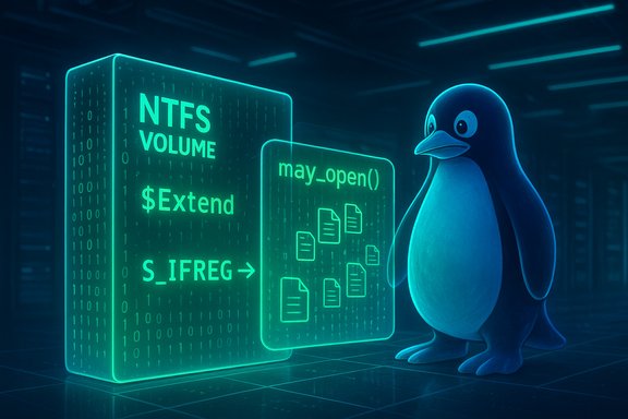 A penguin studies glowing NTFS VOLUME and file-icons panels in a neon data center.