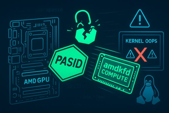 Neon tech illustration with PASID, AMD GPU compute, kernel OOPS warning, and the Linux penguin.