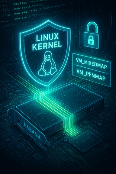 Neon Linux Kernel shield with Tux the penguin on a glowing circuit board beside a Habana module.