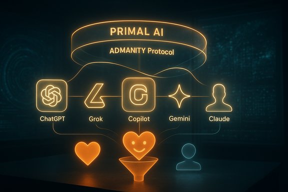 Neon diagram of Primal AI's ADMANITY Protocol linking AI copilots ChatGPT, Grok, Copilot, Gemini, Claude.