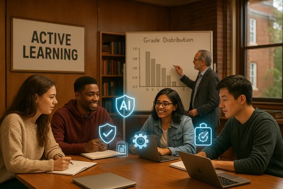 Diverse students collaborate around a table with laptops as a teacher reviews a grade-distribution chart.