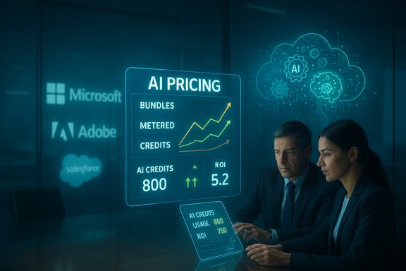 Two professionals analyze AI pricing metrics on holographic screens.