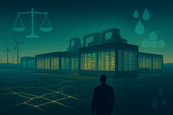 A person gazes at a glowing data center amid wind turbines and eco icons.