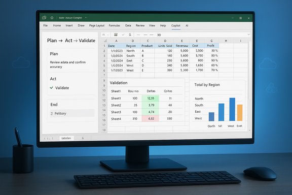 Monitor displays a spreadsheet dashboard with Plan → Act → Validate and a Total by Region chart.