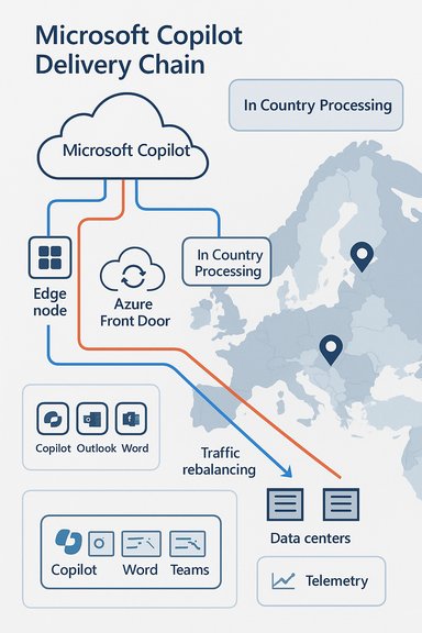 Microsoft Copilot Delivery Chain diagram with cloud, edge nodes, in-country processing, and data centers.