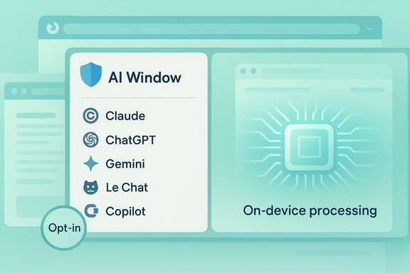 AI Window UI panel listing AI assistants (Claude, ChatGPT, Gemini, Le Chat, Copilot) with an Opt-in badge.