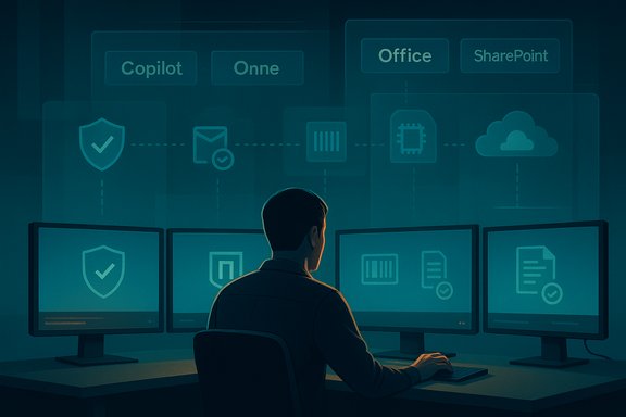 An IT security analyst sits at a multi-monitor workstation, monitoring cloud and shield icons in a high-tech control room.