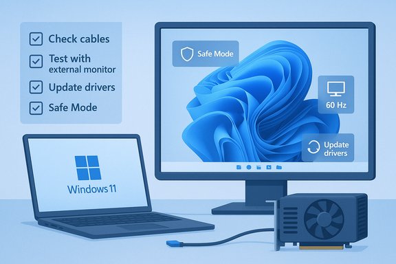 Windows 11 workstation with a hardware checklist and a monitor showing Safe Mode and driver updates.