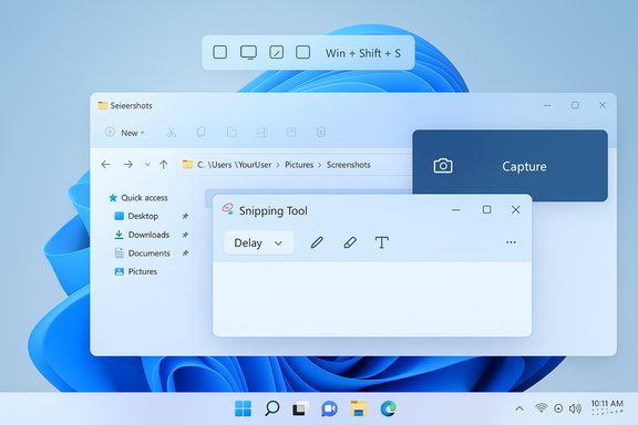 Windows 11 desktop with overlapping windows and the Snipping Tool and Capture panel.