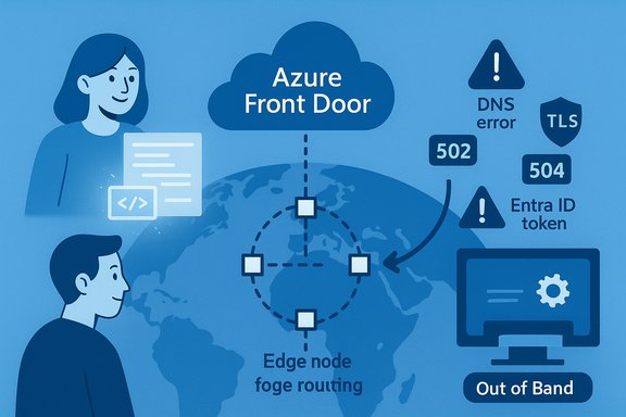 Azure Front Door diagram showing global edge nodes routing traffic with DNS/TLS and error handling.