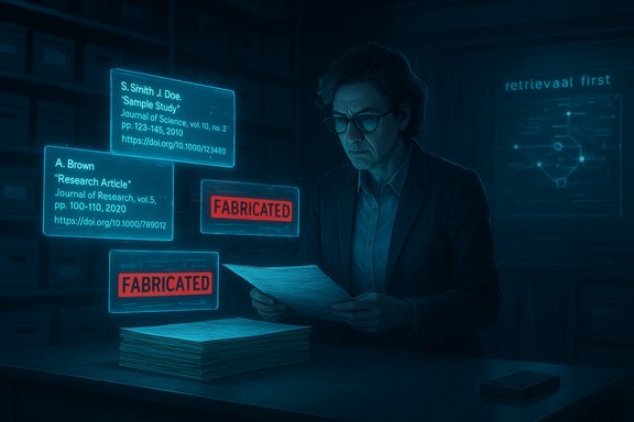 A researcher in a suit analyzes papers as blue holographic “FABRICATED” labels hover nearby.
