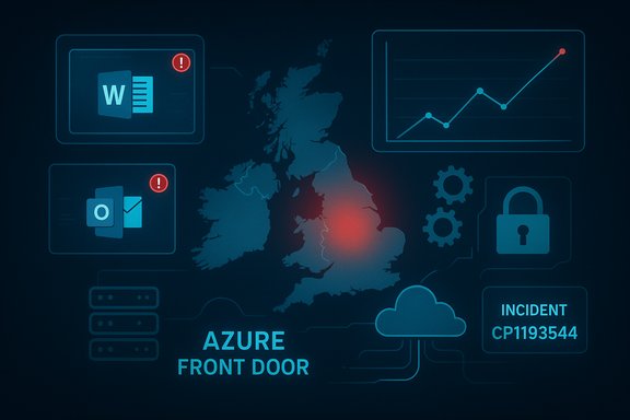 UK map highlights an Azure Front Door incident (CP1193544) with security and cloud icons.