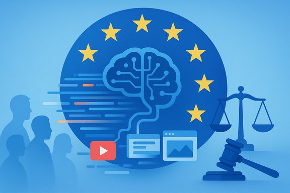 EU-themed illustration: brain circuitry inside a blue circle with stars, plus scales, gavel, and people.