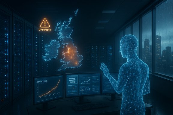 Blue holographic figure studies a glowing UK map amid server dashboards in a high-tech data center.
