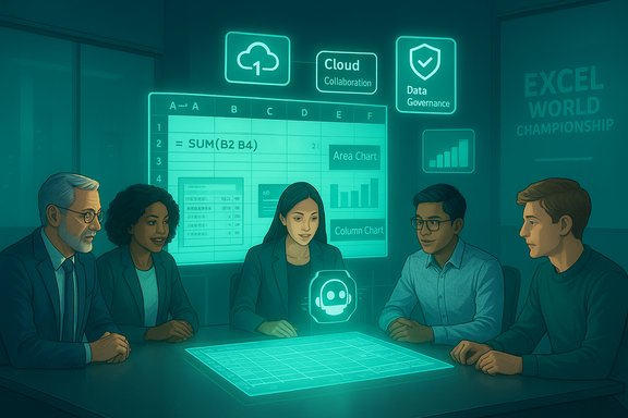 Diverse team in a futuristic data meeting around a glowing holographic table.