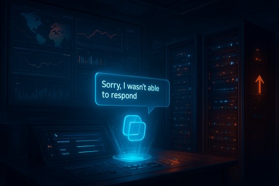 Blue glowing holographic chat bubble in a dim data center reads, 'Sorry, I wasn't able to respond'. Blue glowing holographic chat bubble in a dim data center reads, 'Sorry, I wasn't able to respond'.