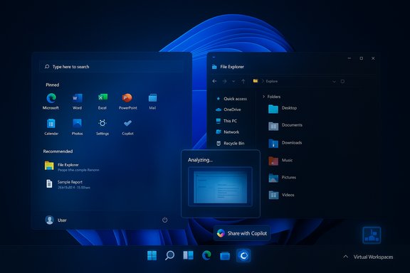 Windows 11 UI with Copilot, showing Start Menu and File Explorer in a dark blue theme.