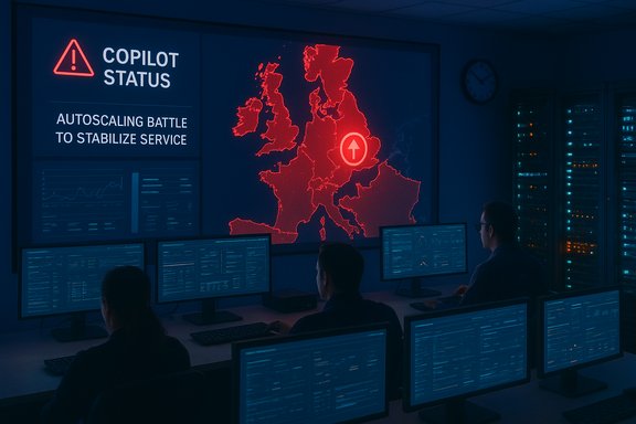 Control room monitors display Copilot status and the autoscaling battle to stabilize service. Control room monitors display Copilot status and the autoscaling battle to stabilize service.