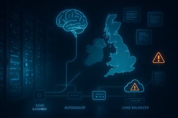 Blue neon diagram shows the UK map with AI brain, edge gateway, autoscaler, and load balancer.