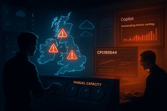 Two analysts monitor a UK map marked with warning icons in a dim control room. Two analysts monitor a UK map marked with warning icons in a dim control room.