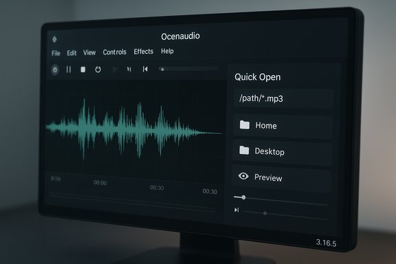 Ocenaudio audio editor on a monitor, displaying a waveform and Quick Open menu.
