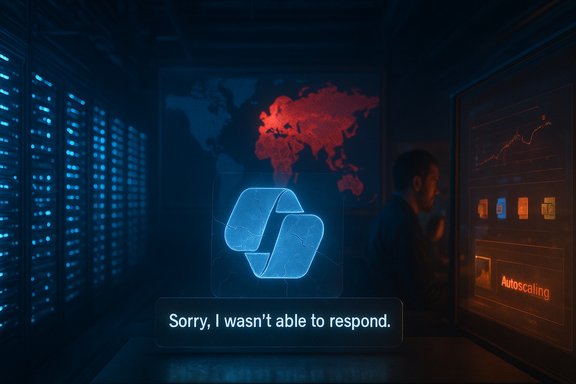 Futuristic data center with blue holographic interface reading, 'Sorry, I wasn't able to respond.'