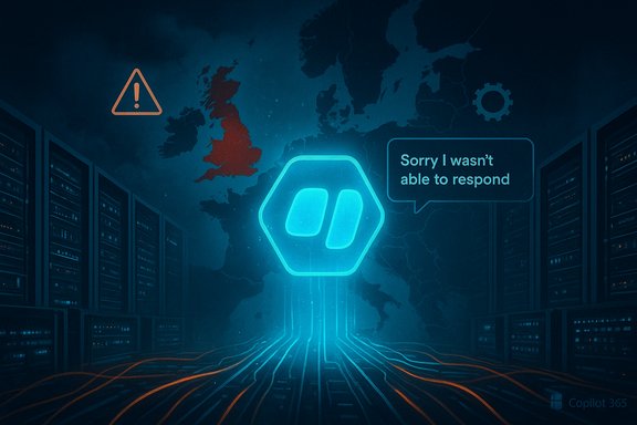 Neon blue AI emblem glows in a server room as an error message appears. Neon blue AI emblem glows in a server room as an error message appears.