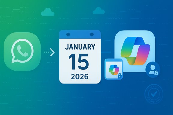 WhatsApp icon flows toward a calendar showing January 15, 2026, beside a colorful app logo.