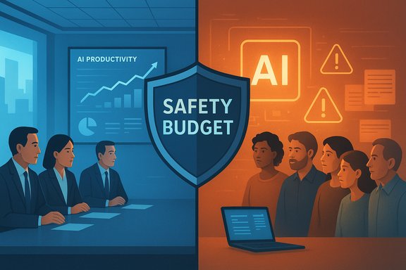 Split-view of AI: blue productivity board left, orange warnings with a safety-budget shield right.