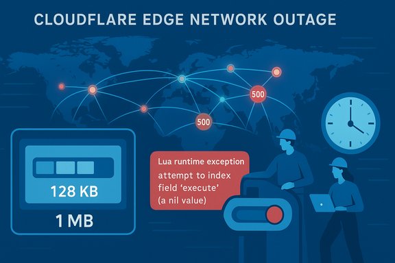 Cloudflare edge network outage shown with a Lua runtime error and a global connectivity map.