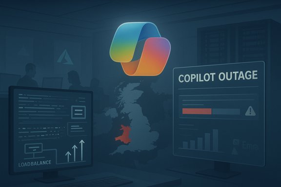 A data center workstation displays a Copilot outage alert with monitoring dashboards.