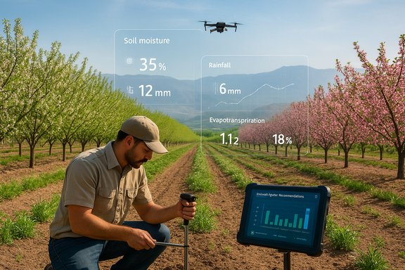 Farmer checks drone-assisted soil-moisture and rainfall data overlay.
