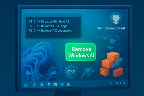 Windows-style desktop featuring a terminal with AI removal commands and a green Remove Windows AI button.