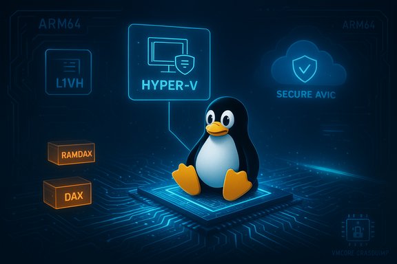 Tux the Linux penguin sits on a processor amid Hyper-V and cloud security icons.