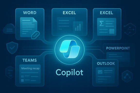 Copilot central hub linking Word, Excel, PowerPoint, Teams, and Outlook.