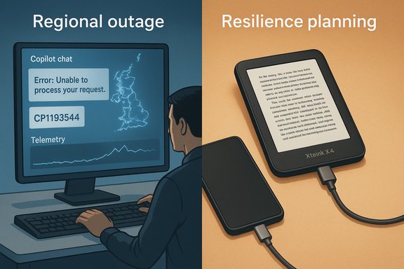 Split scene: left shows a regional outage with a computer error; right depicts resilience planning via devices.