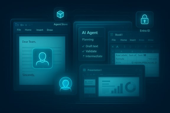 Blue, futuristic UI collage of AI Agent tools across documents and spreadsheets.