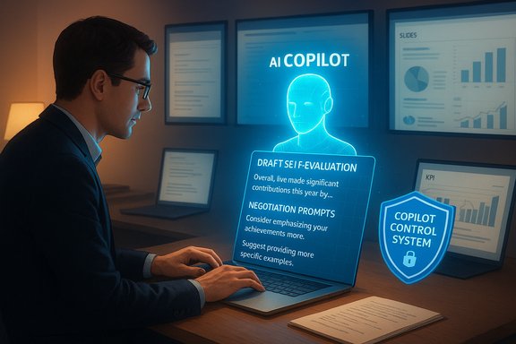 A man in a suit uses a laptop with a glowing AI Copilot hologram.