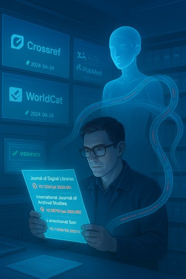 A researcher reads a glowing manuscript as a blue holographic figure looms beside him.
