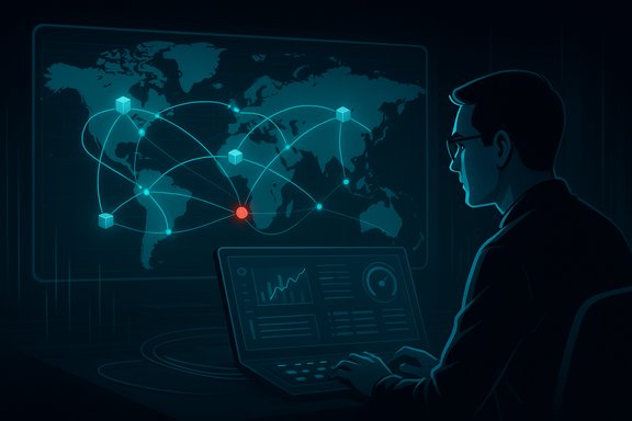 A person analyzes a glowing world network map projected on a laptop.