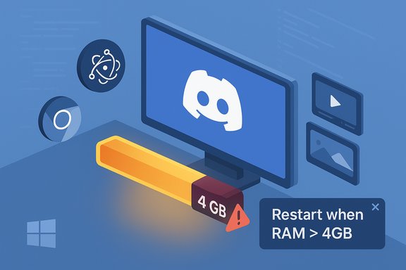 A monitor displays Discord with a RAM warning to restart when RAM > 4GB. A monitor displays Discord with a RAM warning to restart when RAM > 4GB.