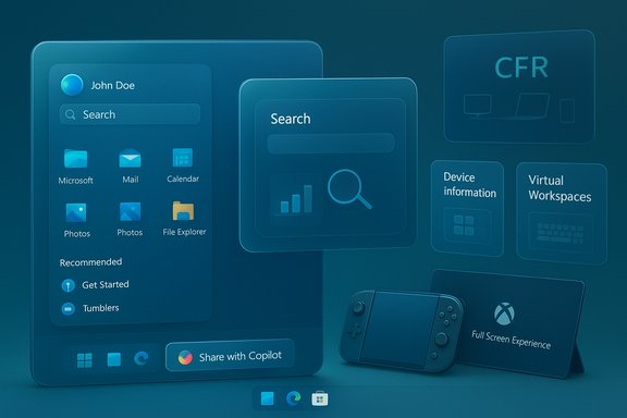 3D blue UI mockups show a digital workspace with search, icons, and devices.
