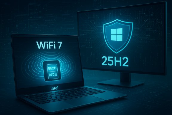 A futuristic setup with a WiFi 7 laptop and a monitor showing Windows Shield 25H2.