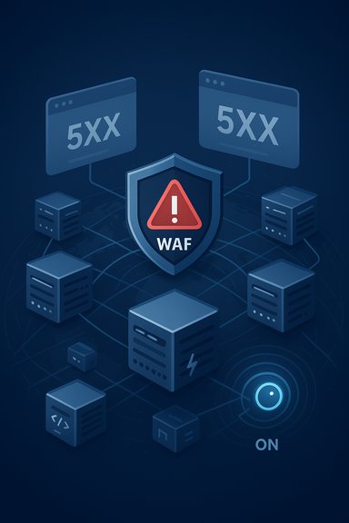 A WAF shield guards a network of servers against 5XX errors.