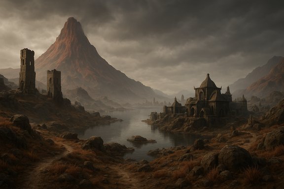Desolate landscape of ancient ruins along a tranquil river under a stormy sky and a towering volcano.