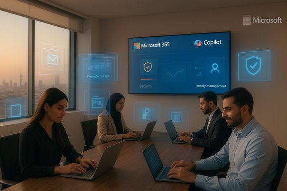 A diverse team collaborates on laptops in a conference room, with a Microsoft 365 Copilot display.